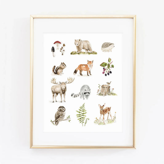 woodland watercolor forest animal wall art print