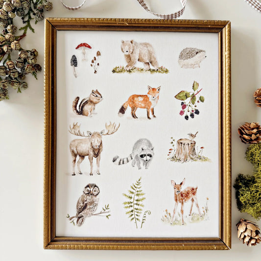woodland watercolor forest animal wall art print