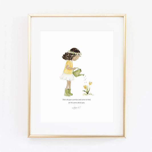1 peter 5:7 watering girl scripture print