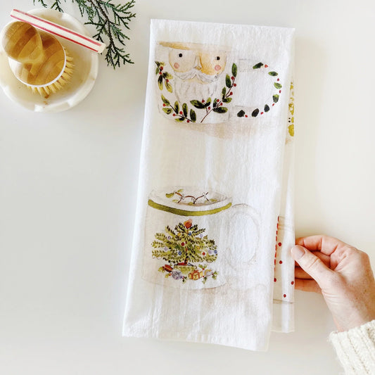 christmas mugs cotton tea towel